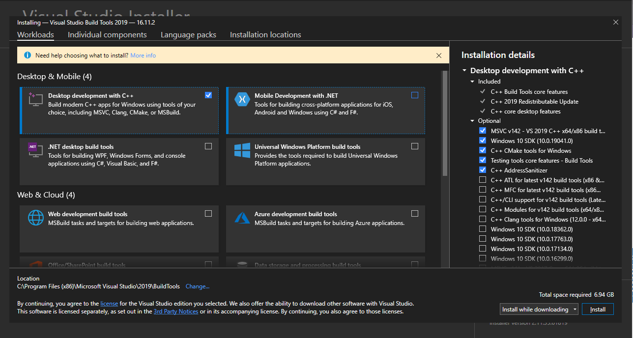 Visual Studio Installer with the C++ Workload Selected